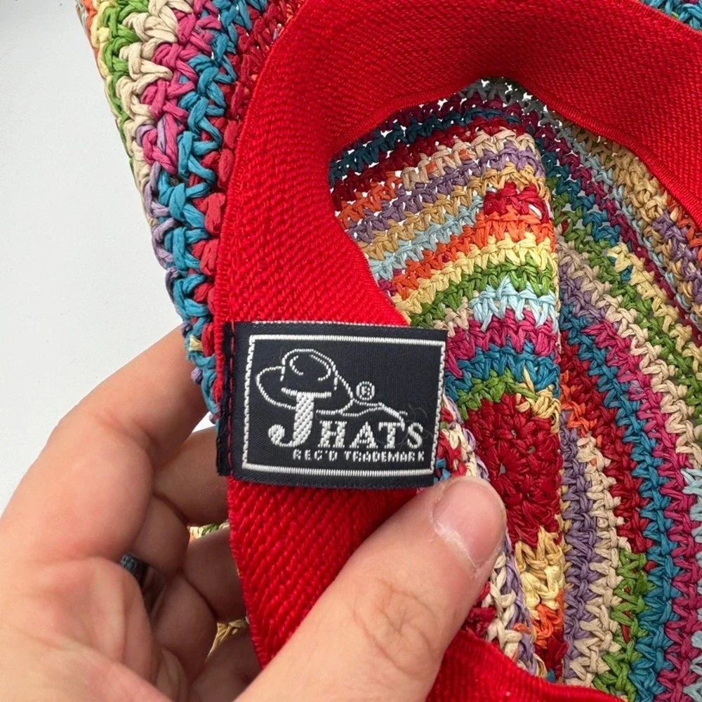 Womens Rainbow Crochet Straw Sun Hat Multicolor Raffia Beach Resort Boho Garden